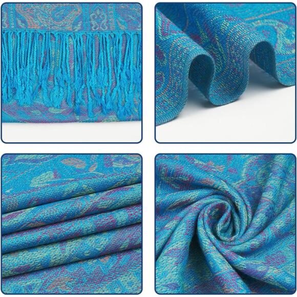 Paisley Pashmina Shawls  Wraps with Fringe Blue - Picture 2 of 4